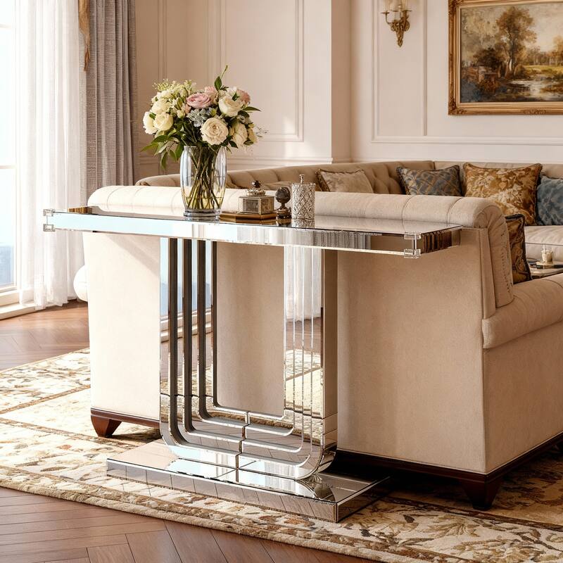 GDF Studio - Modern Silver Mirrored Console Table with U-Shaped Base