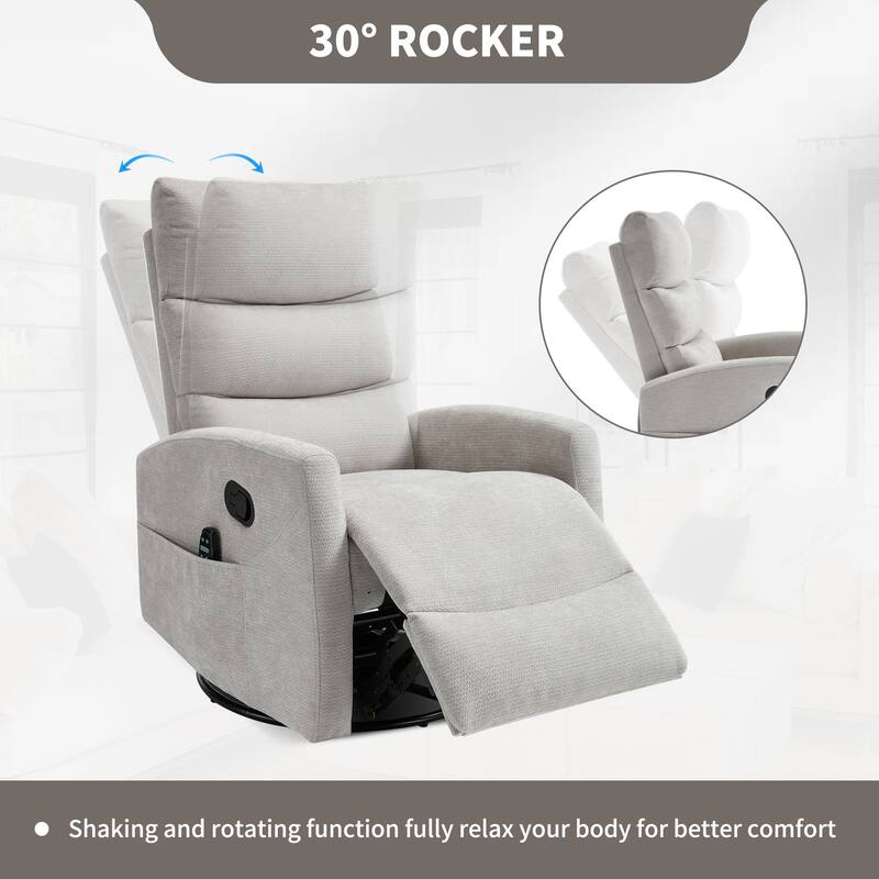 Roomfitters Manual Rocker Swivel Recliner Chair with Heat and Massage Fabric Glider Lounge Sofa for Living Room