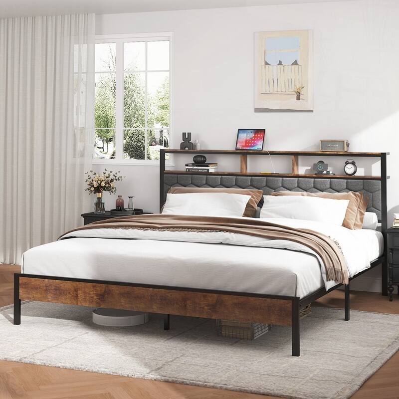 wooden platform bed frame, bedside with soft package and 2 USBs - Brown - King