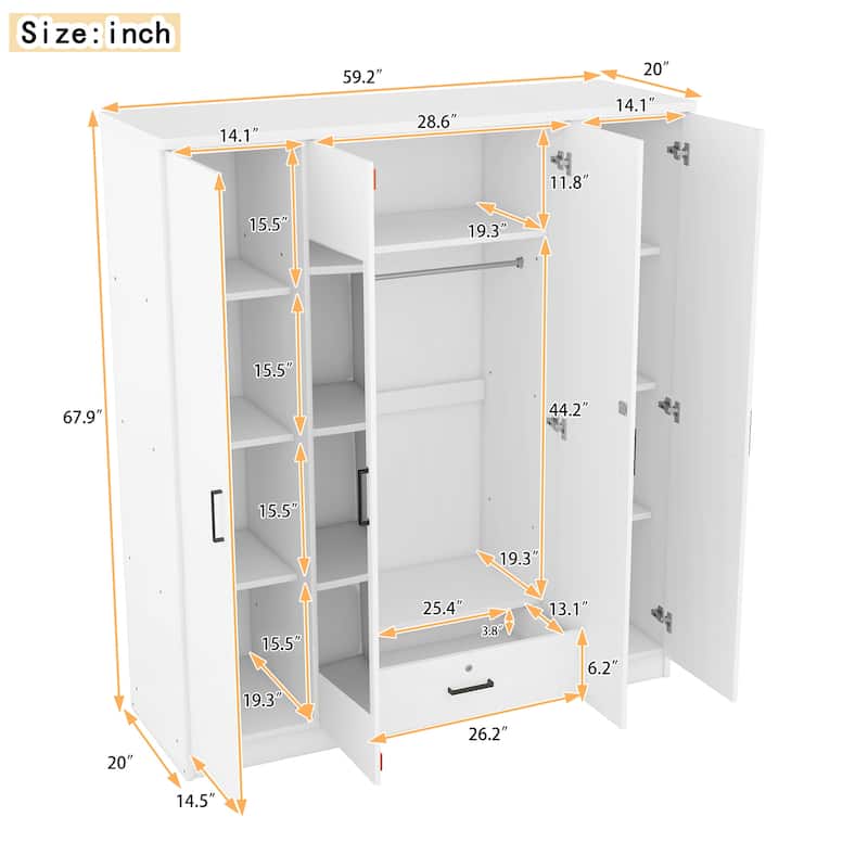 4-Door Mirror Wardrobe with Folding and Hanging Storage Area, Dual Full-Length Dressing Mirrors Door Armoires with Drawer