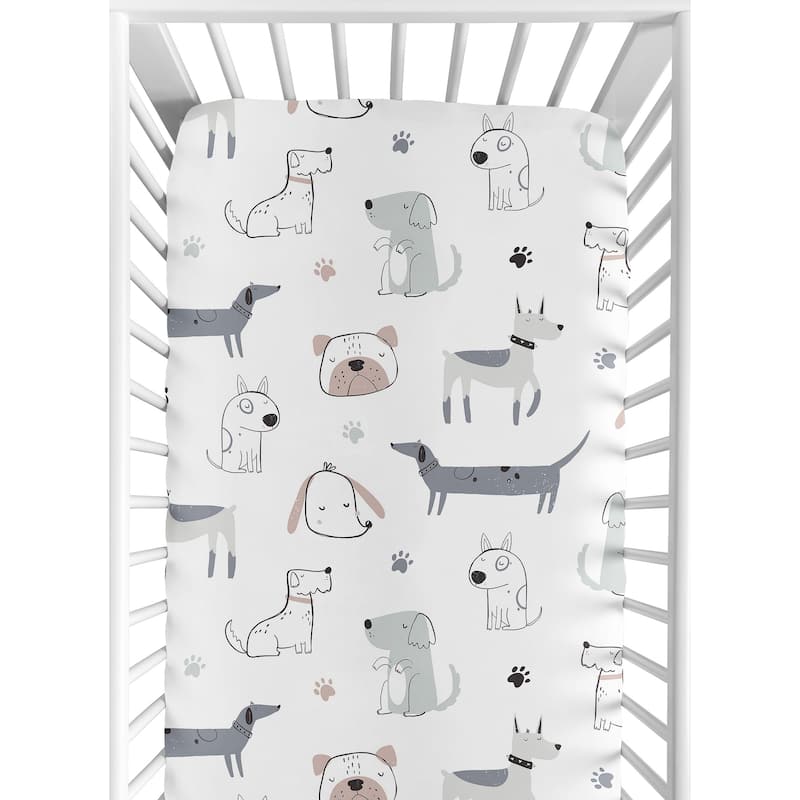Sweet Jojo Designs Dog Boy Fitted Crib Sheet Neutral Grey Taupe Blue Modern Puppy Pet Watercolor Bulldog Wiener Doggy Paw Print