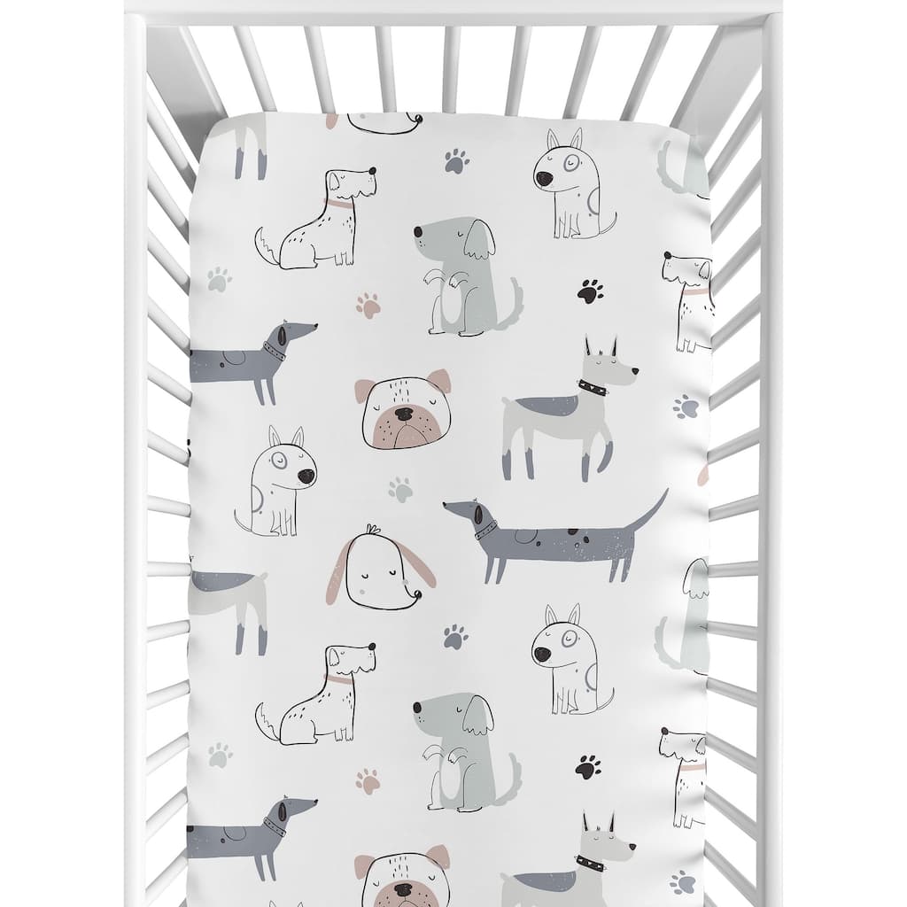 Sweet Jojo Designs Dog Boy Fitted Crib Sheet Neutral Grey Taupe Blue Modern Puppy Pet Watercolor Bulldog Wiener Doggy Paw Print