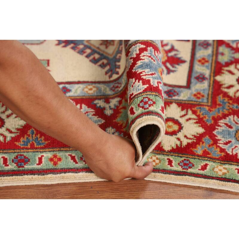 Geometric Beige / Ivory Kazak Oriental Area Rug Handmade Wool Carpet - 4'2" x 5'7"