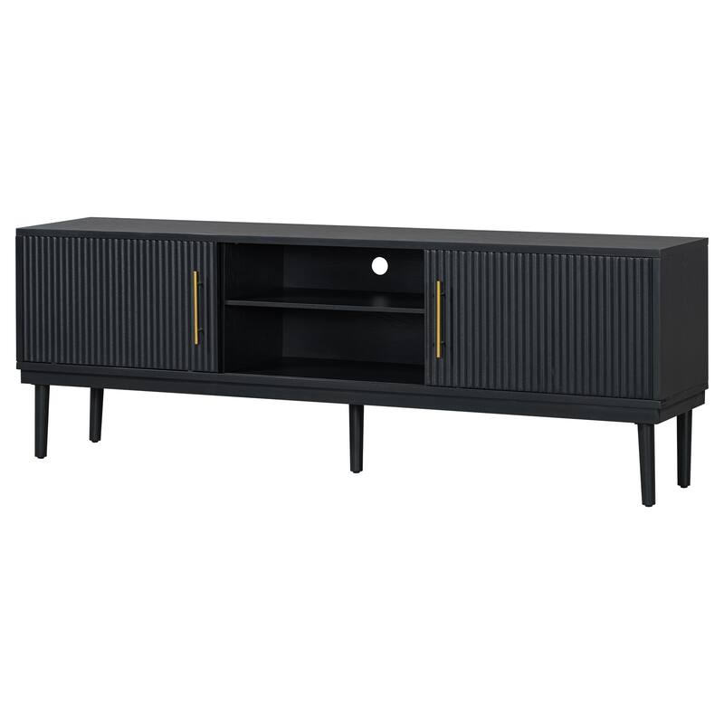 Modern Vertical Stripe TV Stand with 2 Storage Cabinets, 4 Wooden Legs and Sliding Door for Living Room Bedroom