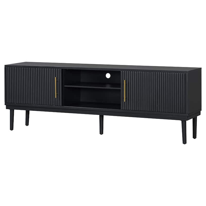 TV Stand Media Console with Fluted Door Cabinets, Solid Wood Legs