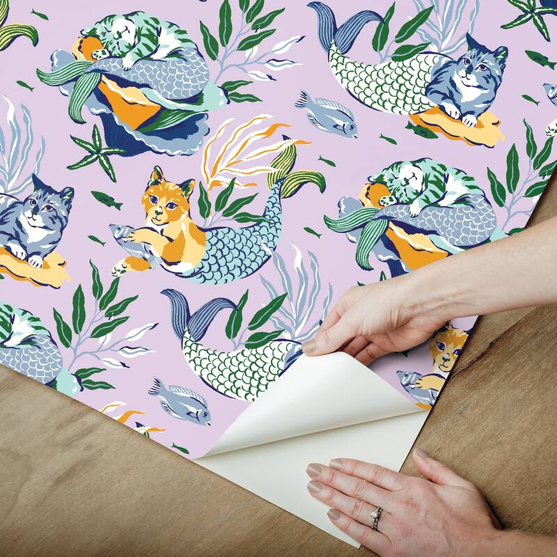 PrintFresh Meowing Mermaids Lavender Peel and Stick Wallpaper