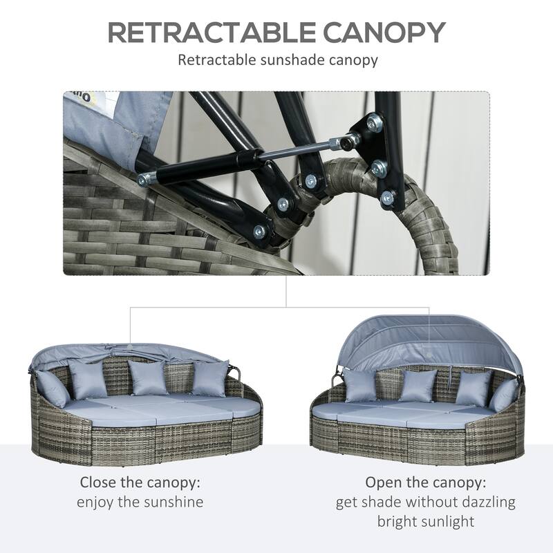 Outsunny 4-Piece Outdoor Rattan Furniture Set, Round Convertible Patio Daybed or Sunbed, Sectional Sofa with Canopy