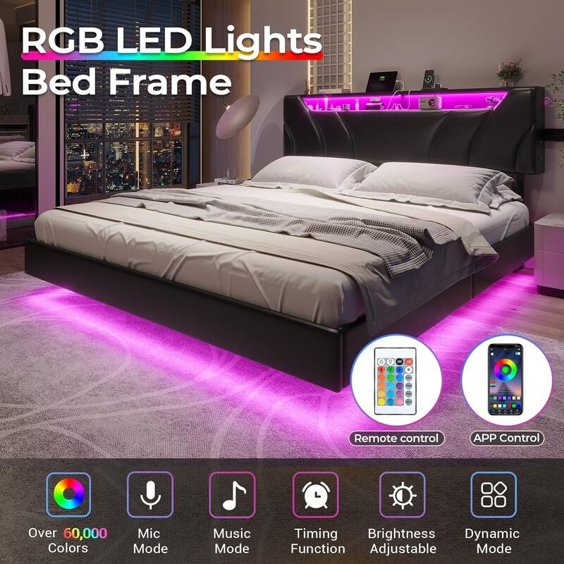 LED Floating Bed Frame Hidden Storage Headboard Type-C & USB
