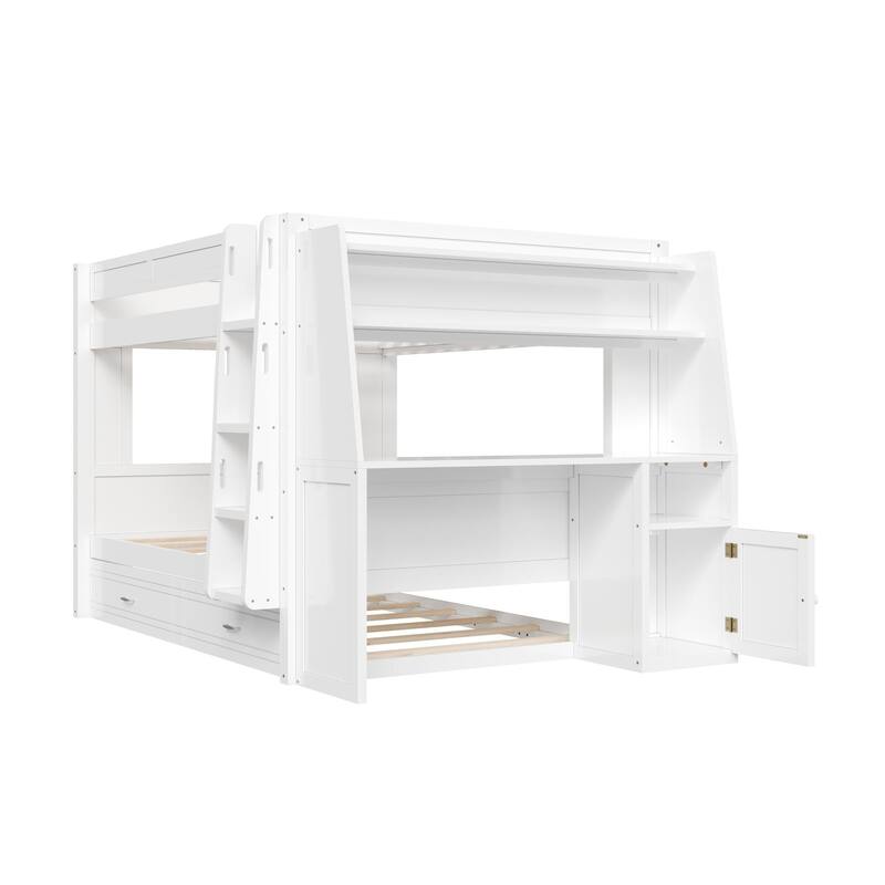 Full Size Multifunctional Bunk Bed Frame with Bookshelves, Desk and Cabinet, Optional with Pull-out Drawers or Trundle Bed