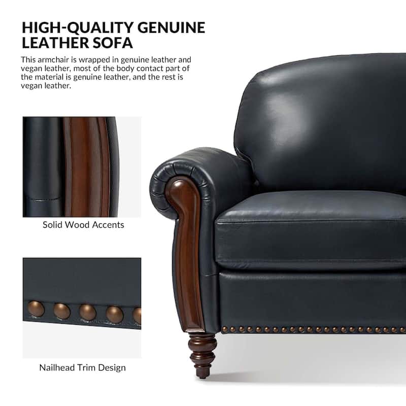 Eduard 84" Traditional Genuine Leather Sofa with Carved Wood Legs by HULALA HOME
