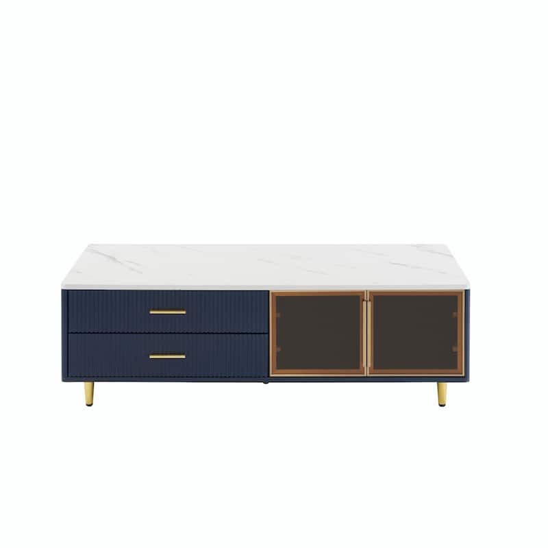 47.2'' Modern White Coffee Table with Glass Door Storage, 4 Drawers and Multi-Color Lighting