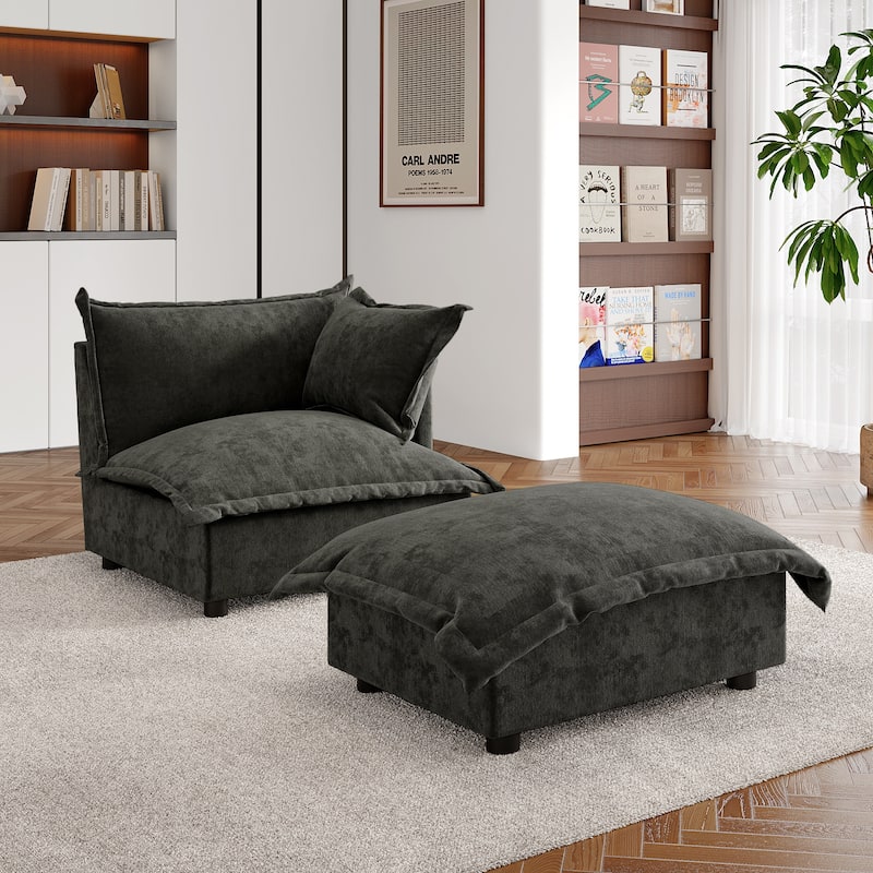 Double Layer Cushion Comfy Cloud Modular Sectional Sofa Set - Corner Sofa+Ottoman-Dark Grey - Right Facing