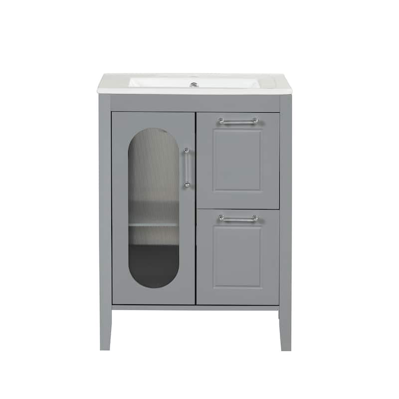 GDFStudio - Emma 24-Inch Bathroom Vanity with Ceramic Sink, Moru Glass Door and Adjustable Storage