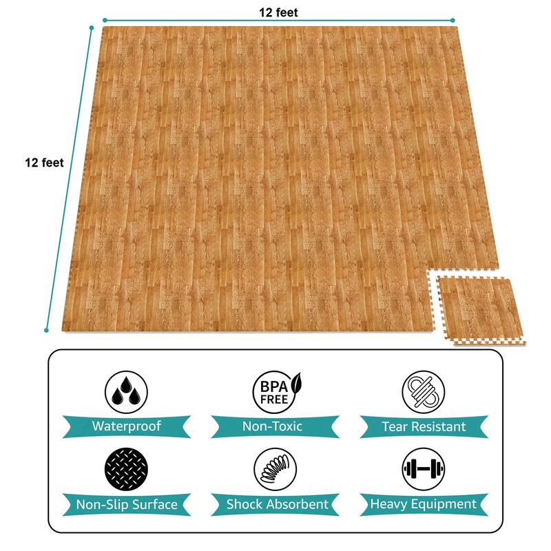 Sorbus 144 Sq. Ft. Wood Grain Floor Tiles Foam Mat EVA Interlocking Mats Tile 3/8-Inch Thick Flooring Wood Puzzle Exercise Mats