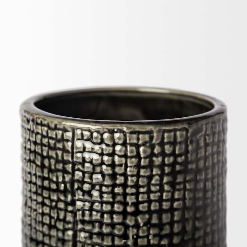 10" Black And Gold Abstract Cylinder Ceramic Table Vase - 4" x 4" x 10"