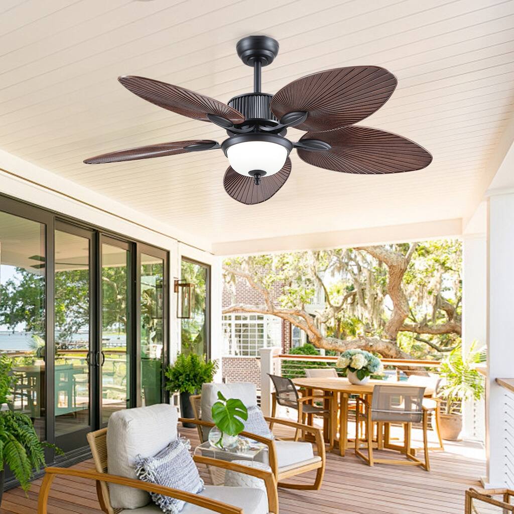 50 Inch Tropical Ceiling Fan with Llight Brown Palm Leaf Blades Glass Light Cover - 50 Inches