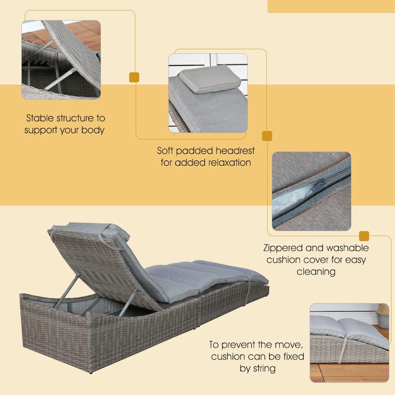 Adjustable Outdoor Wicker Reclining Chaise Lounge with Cushion