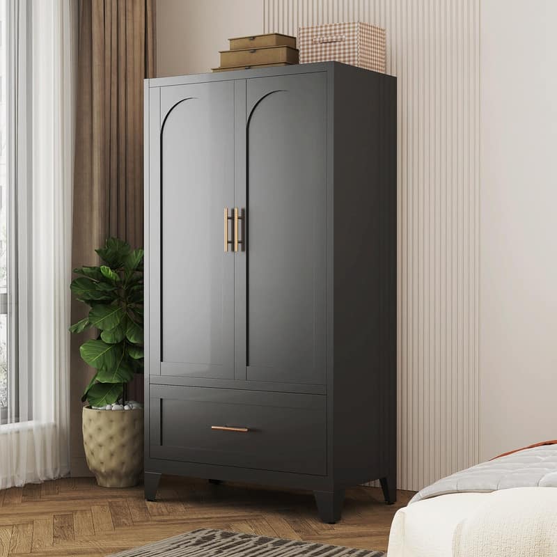 60" Tall Metal Wardrobe Cabinet - 2-Door Closet with Hanging Rod, Shelf, and Drawer