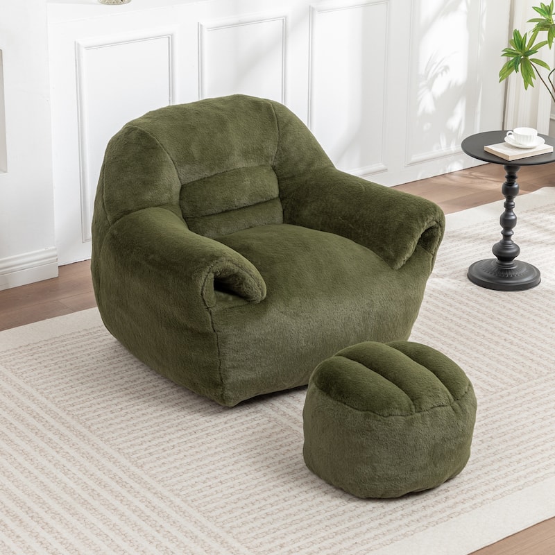 Comfy Bean Bag Sofa With Back Support, With Footstool,Faux Fur Bean Bag Chair For Adults And Kids