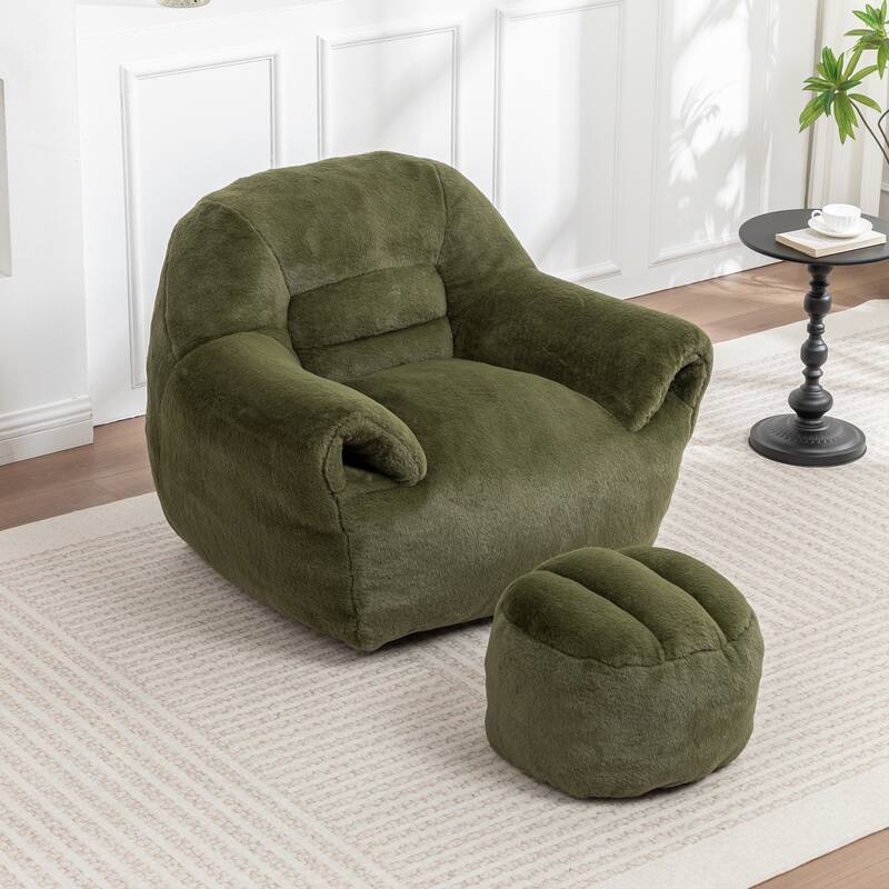 Faux Fur Bean Bag Chair with Back Support & Footstool - Comfy Floor Sofa for Adults & Kids, Living Room, Bedroom (2 Options)
