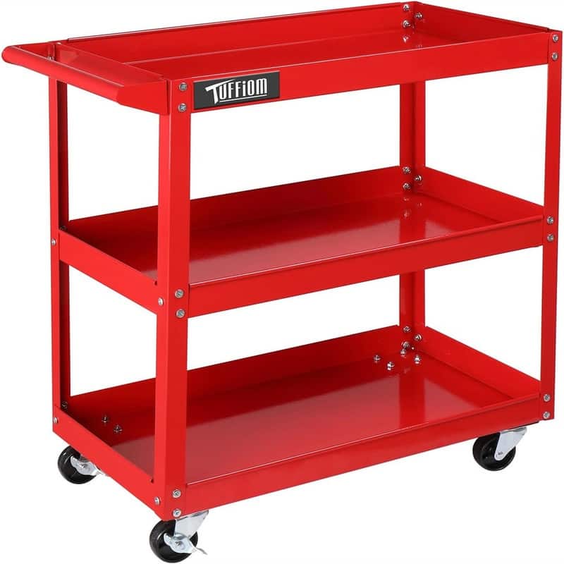 3 Tier Rolling Tool Cart, 330 Lbs Capacity, with Ergonomic Handle - 28.7"D x 14.2"W x 29.1"H - Red