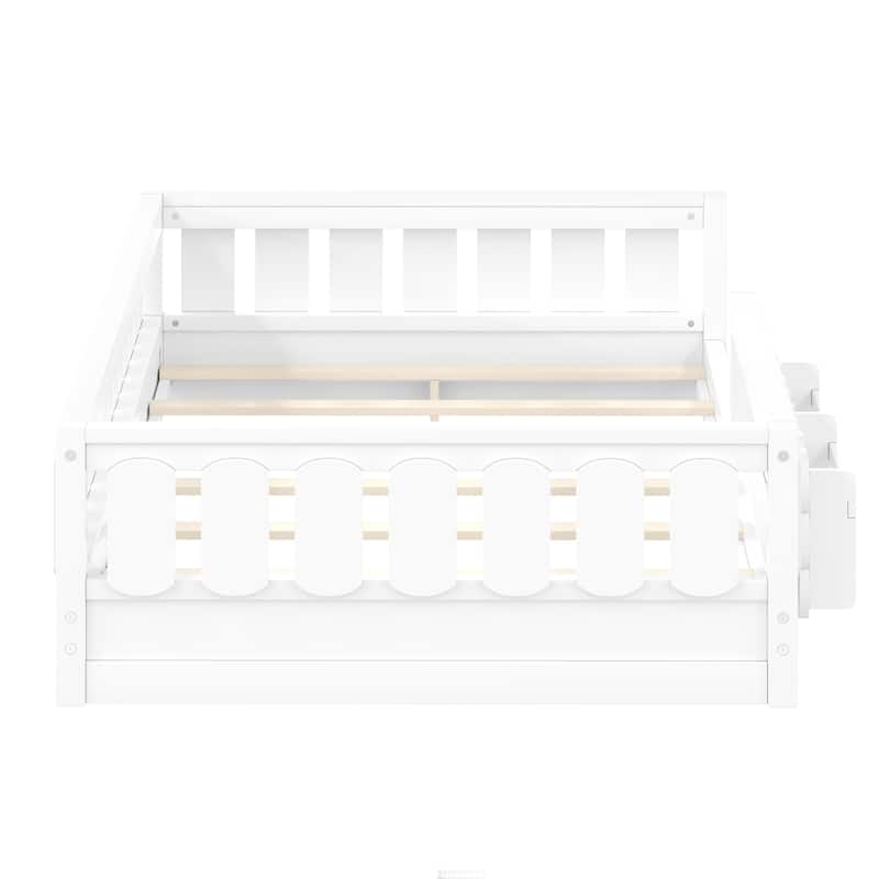 Kid Wood Platform Storage Bed Montessori Toddler Floor Bed Children Daybed with Guardrail and Side Creativity Storage Shelves