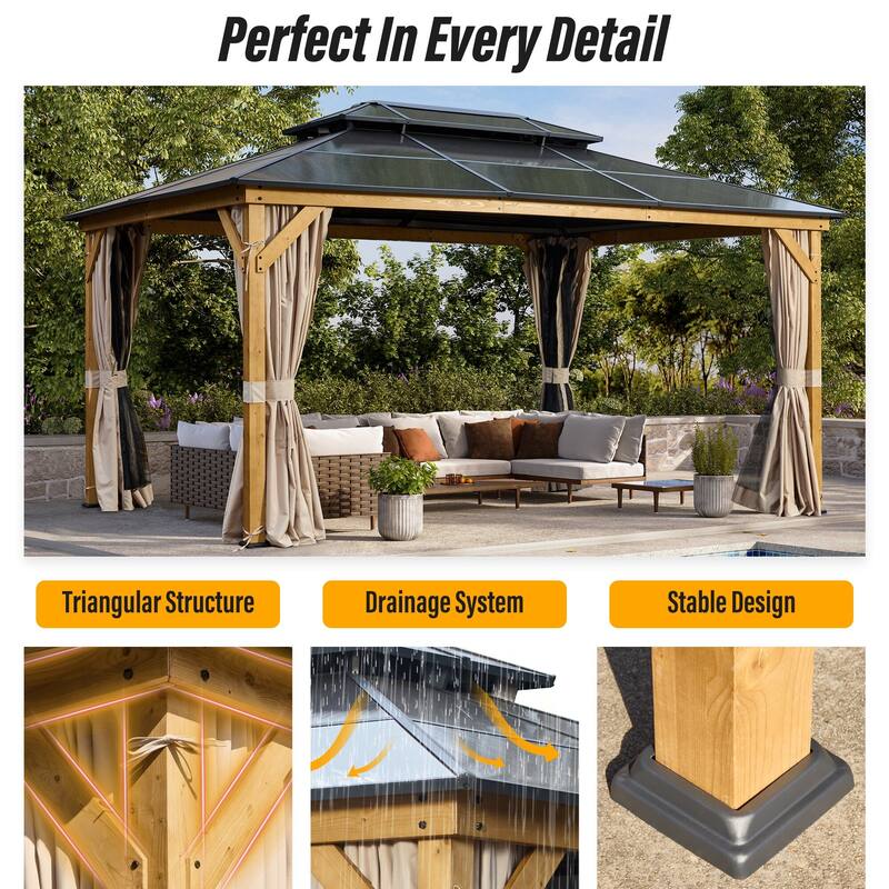 EROMMY Outdoor Wood Gazebo with Double Polycarbonate Roof, Heavy Duty Backyard Patio Pergola Canopy for Garden Shade