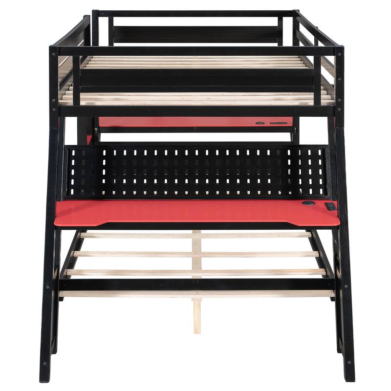 Gaming Bunk Bed Two Built-In Gaming Desks Each Side Loft Bed with USB Desktop Ports and Pegboard Organizer for Gaming Room Gamer