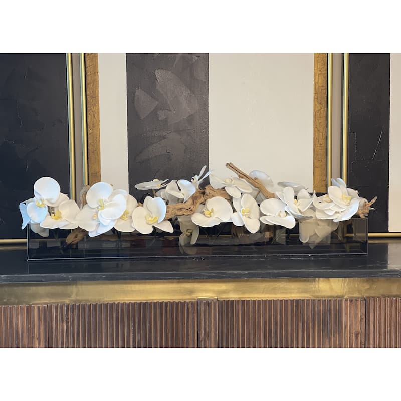36 Inch Casa Moderna Black Tinted Glass Plate Planter with white Phalaenopsis orchids