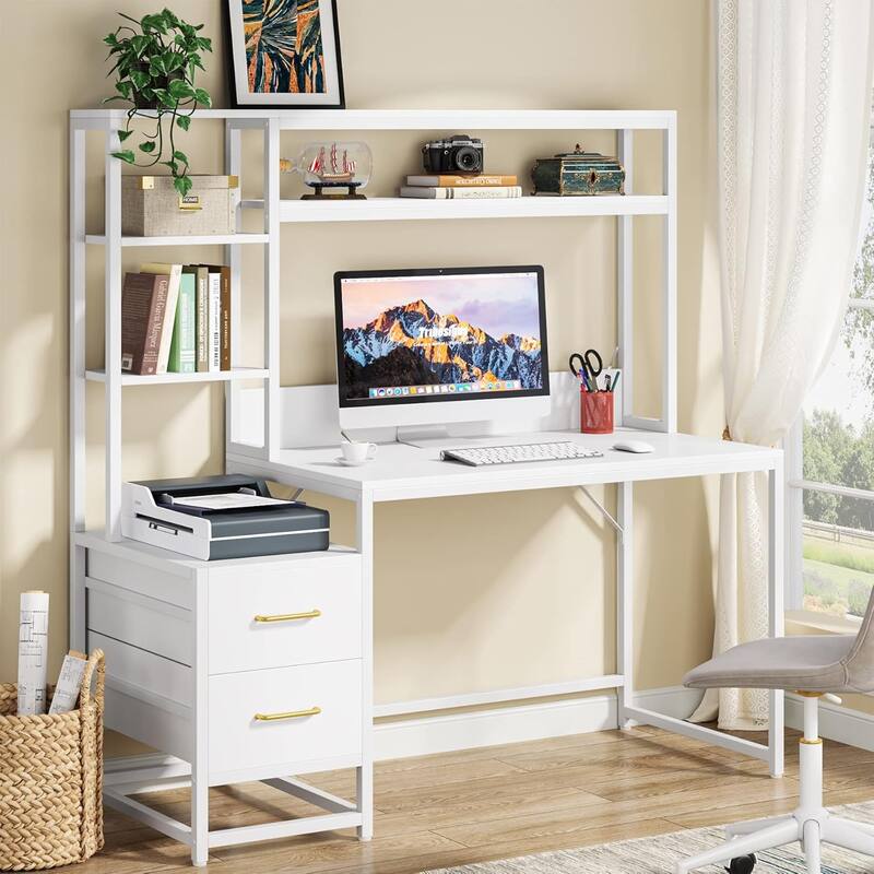 55 Inches Computer Desk with Hutch,2 Drawers & Open Shelves-Modern Home Office Desk with Storage,Writing & Gaming Workstation
