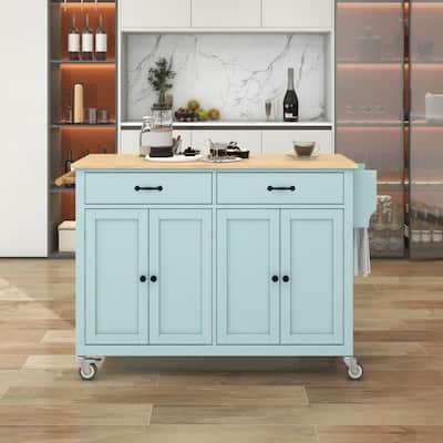 Kitchen Island Cart with 4 Door Cabinet and Two Drawers and 2 Locking Wheels - Solid Wood Top