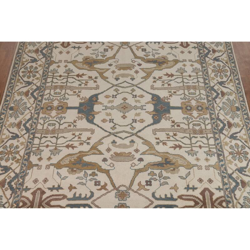 All-Over Ivory Oushak Indian Area Rug Hand-Knotted Wool Carpet - 8'11" x 12'0"