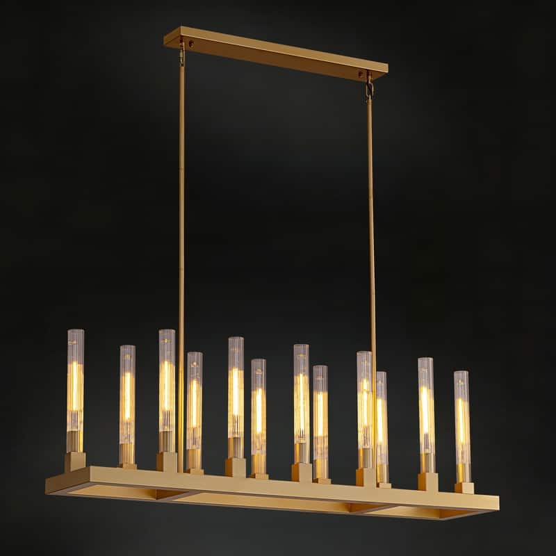 54'' Gold Farmhouse Rectangular Chandelier 12-Light Kitchen Island Lighting with Glass Tube Shades for Living Room & Foyer - N/A