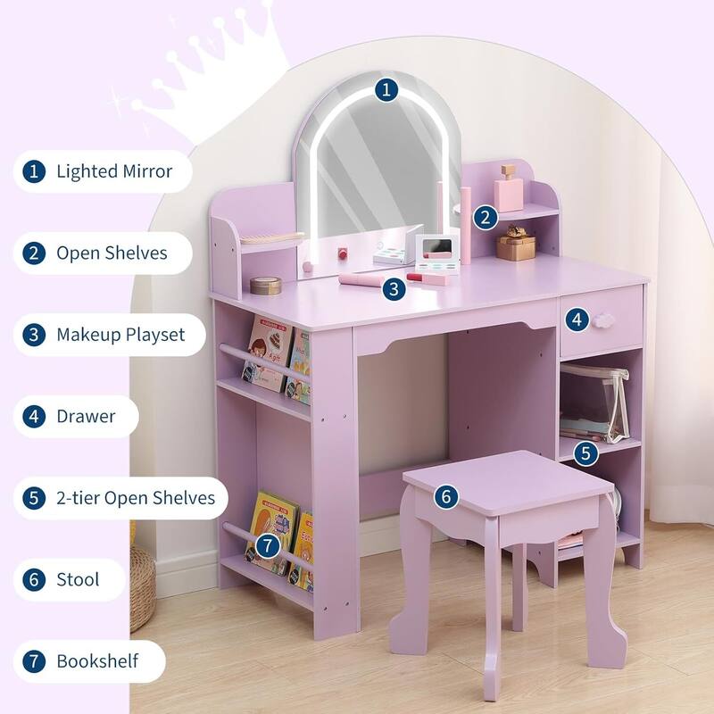 2 in 1 Kids Vanity Table & Stool with Lighted Mirror, Bookshelf and Makeup Palyset