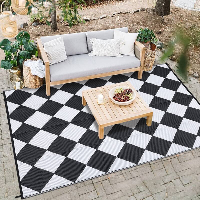 Outdoor Rug Waterproof Reversible Rug Plastic Straw Rug Checkered Floor Mat Outside Carpet for Camping RV Backyard Patio