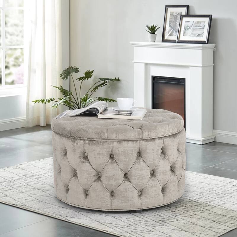 Adeco Round Velvet Storage Ottoman, Button Tufted Footrest Stool - Grey
