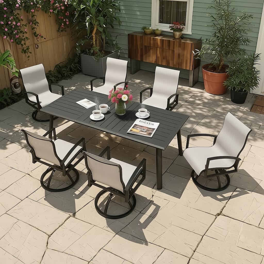 7-Piece Patio Dining Set High Back Sunbrella Swivel Chair and Aluminum Dining Table
