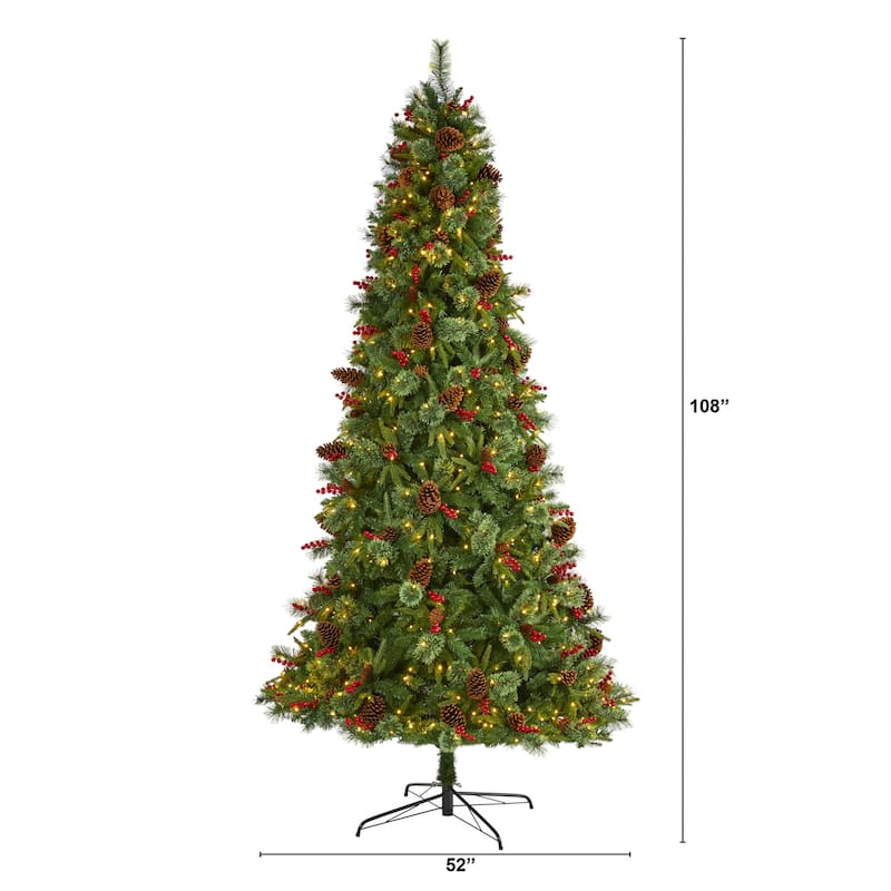 9ft Artificial Christmas Tree with Lights - Holiday Decor, Pine Cones & Berries, Festive Tree for Home - Green - 108