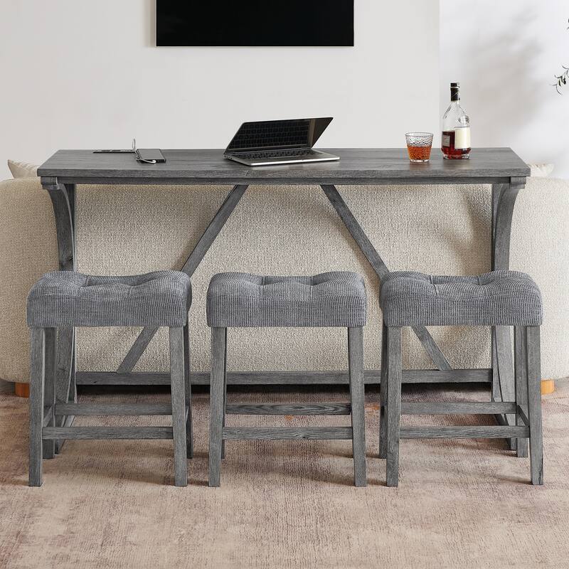 59" Bar Table Set with Power Outlet, Industrial Breakfast Table with 3 Stools, 4 Piece Counter Height Bar Table and Chair Set - Grey