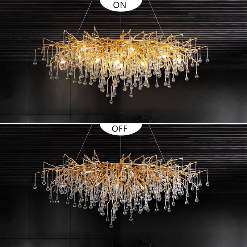 KAYLA 47" 13-Lights Gold Luxury Crystal Linear Chandelier, Modern Tree Branch Chandelier - N/A