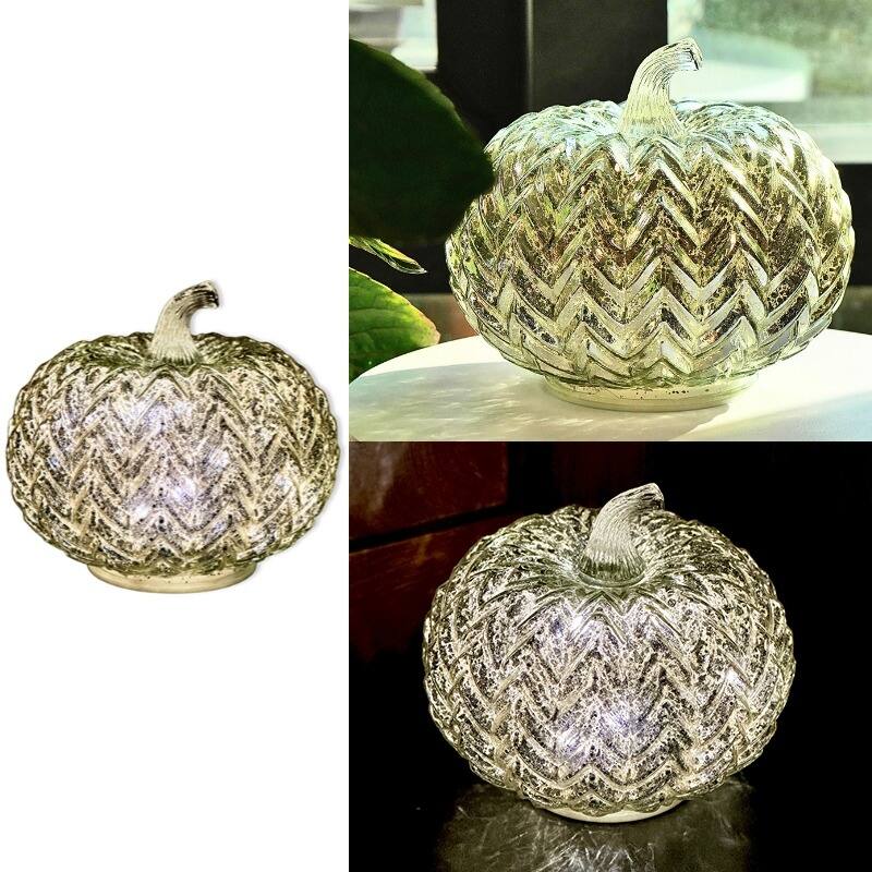 Mercury Glass Pumpkin Lights with Timer – Fall Halloween Table Decorations for Home & Thanksgiving Decor - PK2401R