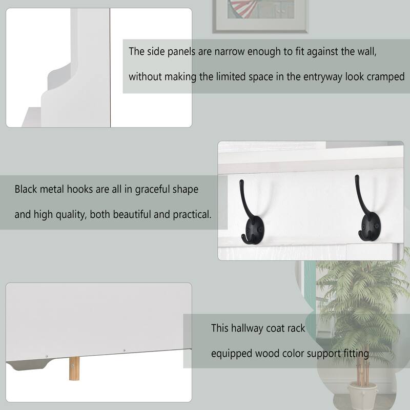 60" Wide White Hall Tree with 24 Shoe Cubbies, Metal Black Hooks