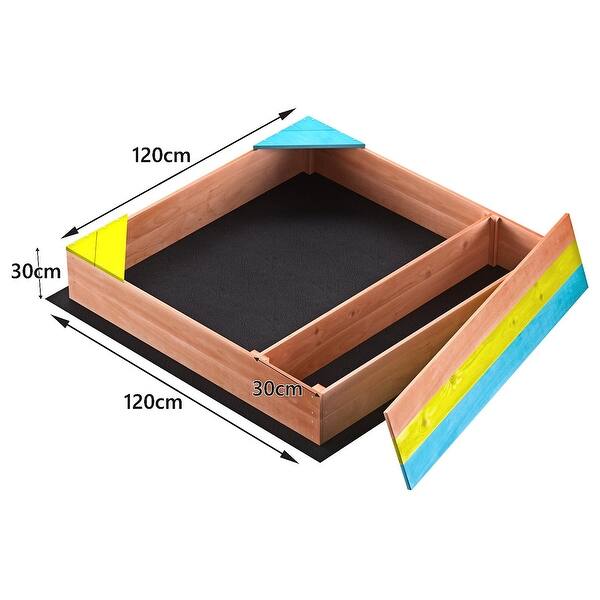 Wooden Sandbox for Kids with Bottom Liner, Storage Box & Built-In Seats - Golden