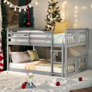 Elegant Full Over Full Bunk Bed with Built-in Ladder and Full-length Guardrail, Solid Construction, Space-saving, Grey