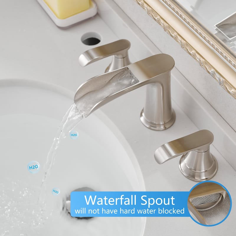 Modern 2 Handle Waterfall Bathroom Sink Faucet with Pop Up Drain Double Lever Handles, Fingerprint Resistant, 3 Holes