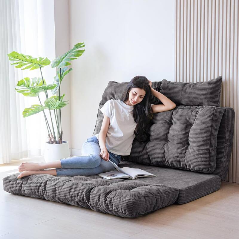 Corduroy Bean Bag Bed Tufted Folding Sofa Bed with Pillows - Grey - Large