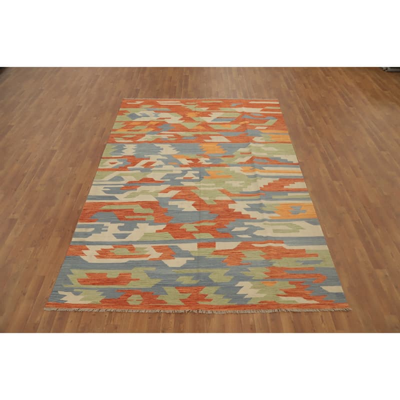 Hand Woven Oriental 100% Wool Carpet Southwestern Geometric Oranges & Rust Kilim Area Rug - 9' 9'' X 6' 6''