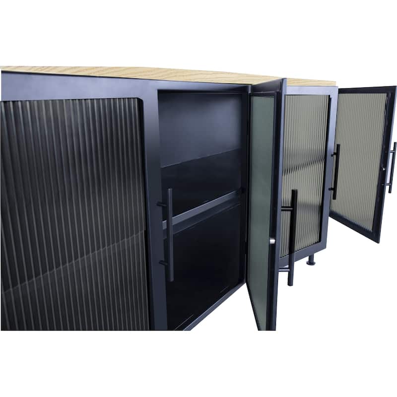 Aere Four Door Ribbed Glass, Metal and Wood Sideboard in Natural Ash and Black - 36" x 66" x 18"