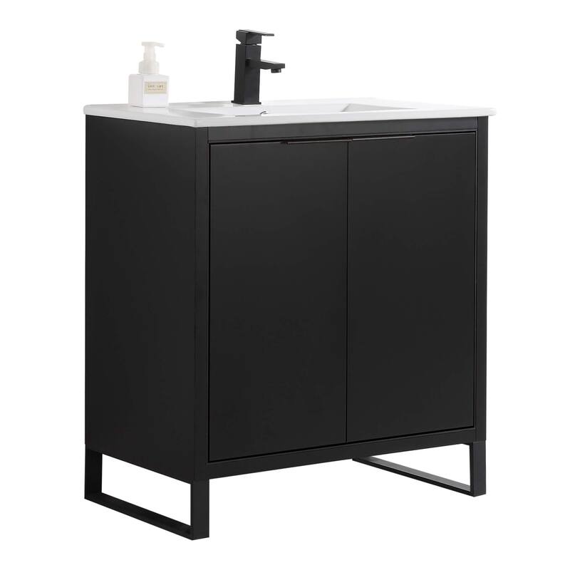 Fine Fixtures Opulence Collection Bathroom Vanity with White Ceramic Sink - 30 Inch - Black Matte - Black Hardware