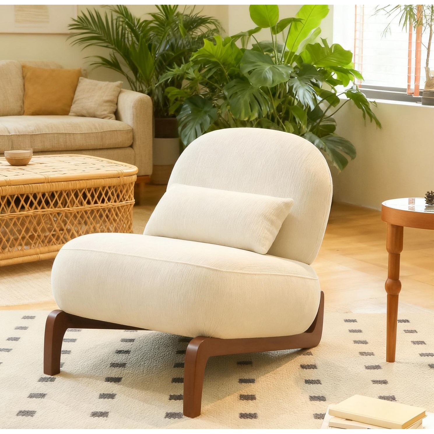 Cute Fabric Accent Chair with Solid Wood Legs, Comfy Armless Chair for Bedroom & Living Room